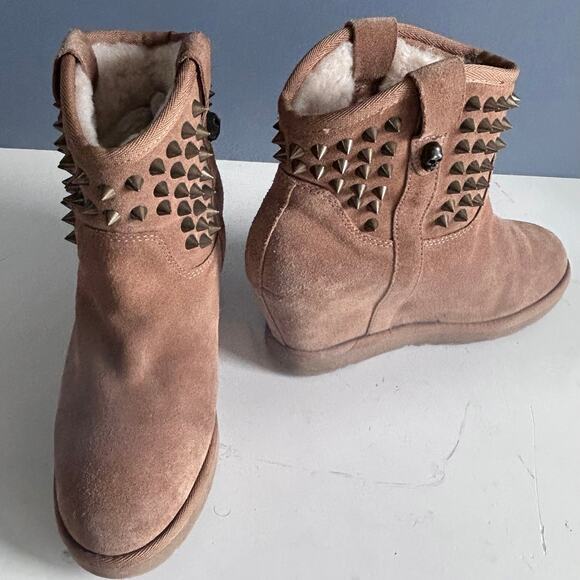 Ash‎ boots women's size 9.5 shearling leather skull studded Yahoo wedge brown - Picture 2 of 16